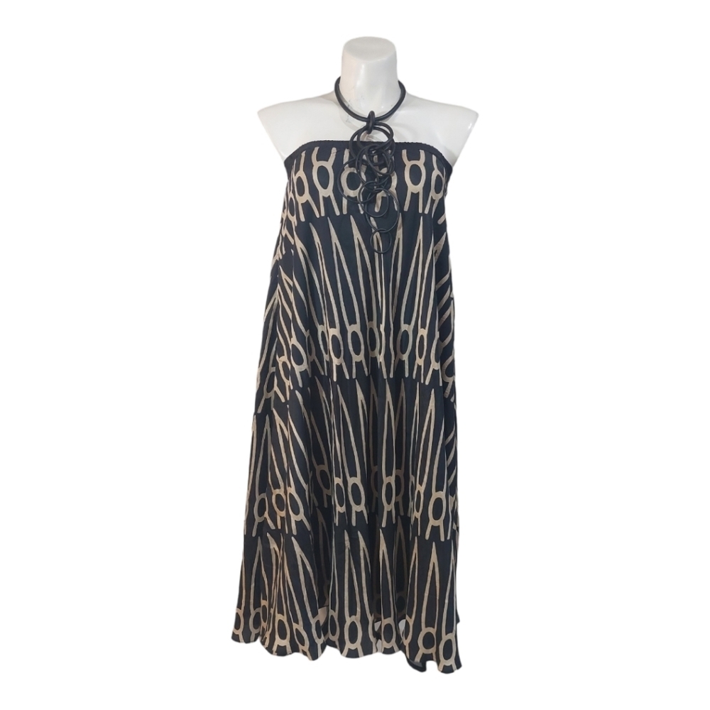 Anupama Women's Large Black Beige Geometric Print Maxi Skirt Boho Elastic Waist - Picture 8 of 13